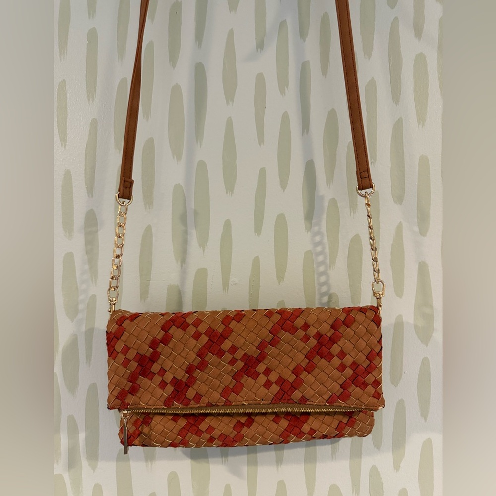 Anthropologie - Deux Lux - Woven Camel and Cranberry Crossbody Bag